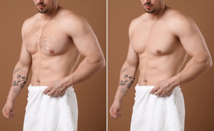 Image of Man showing chest before and after epilation procedure on brown background, closeup. Collage of photos
