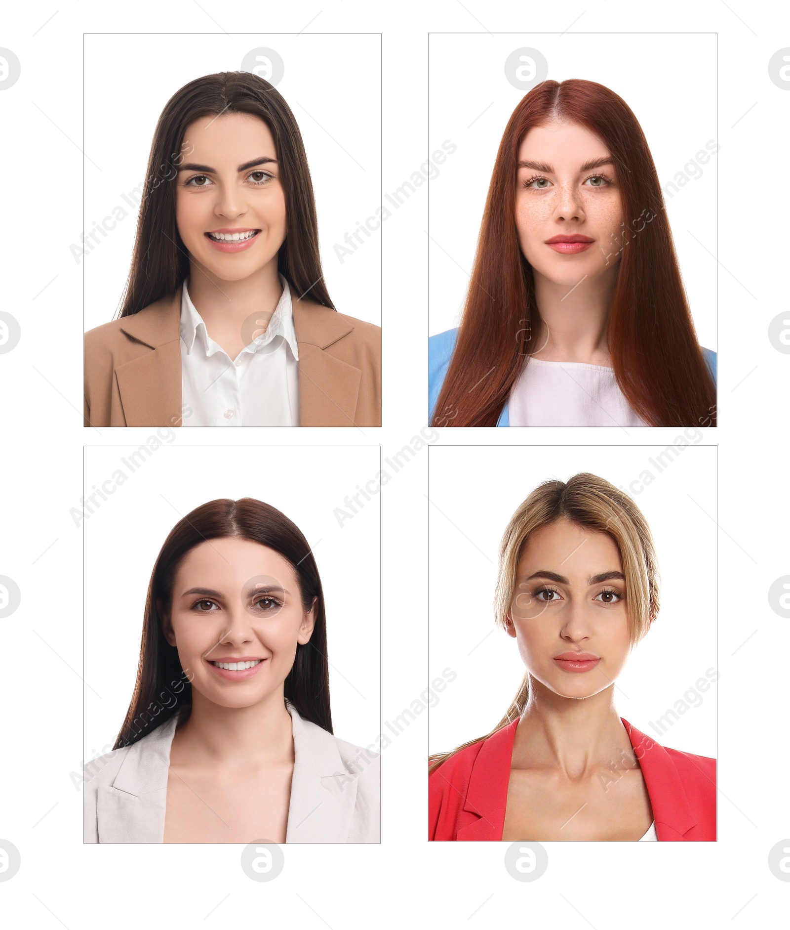 Photos of different women for passport or other identification document on white background, set Image of Photos of different women for passport or other identification document on white background, set