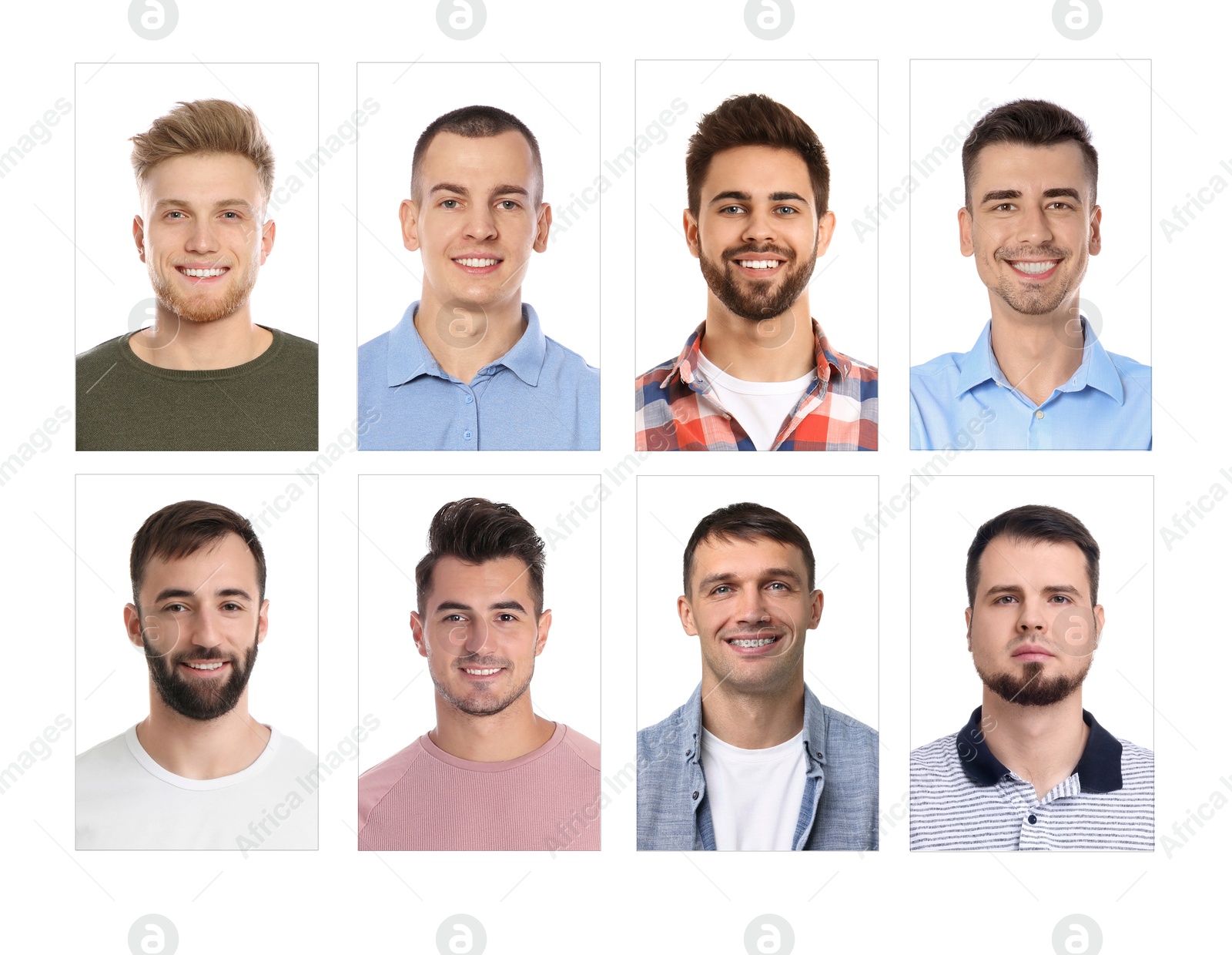 Photos of different men for passport or other identification document on white background, set Image of Photos of different men for passport or other identification document on white background, set