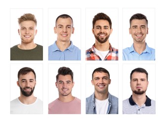 Image of Photos of different men for passport or other identification document on white background, set