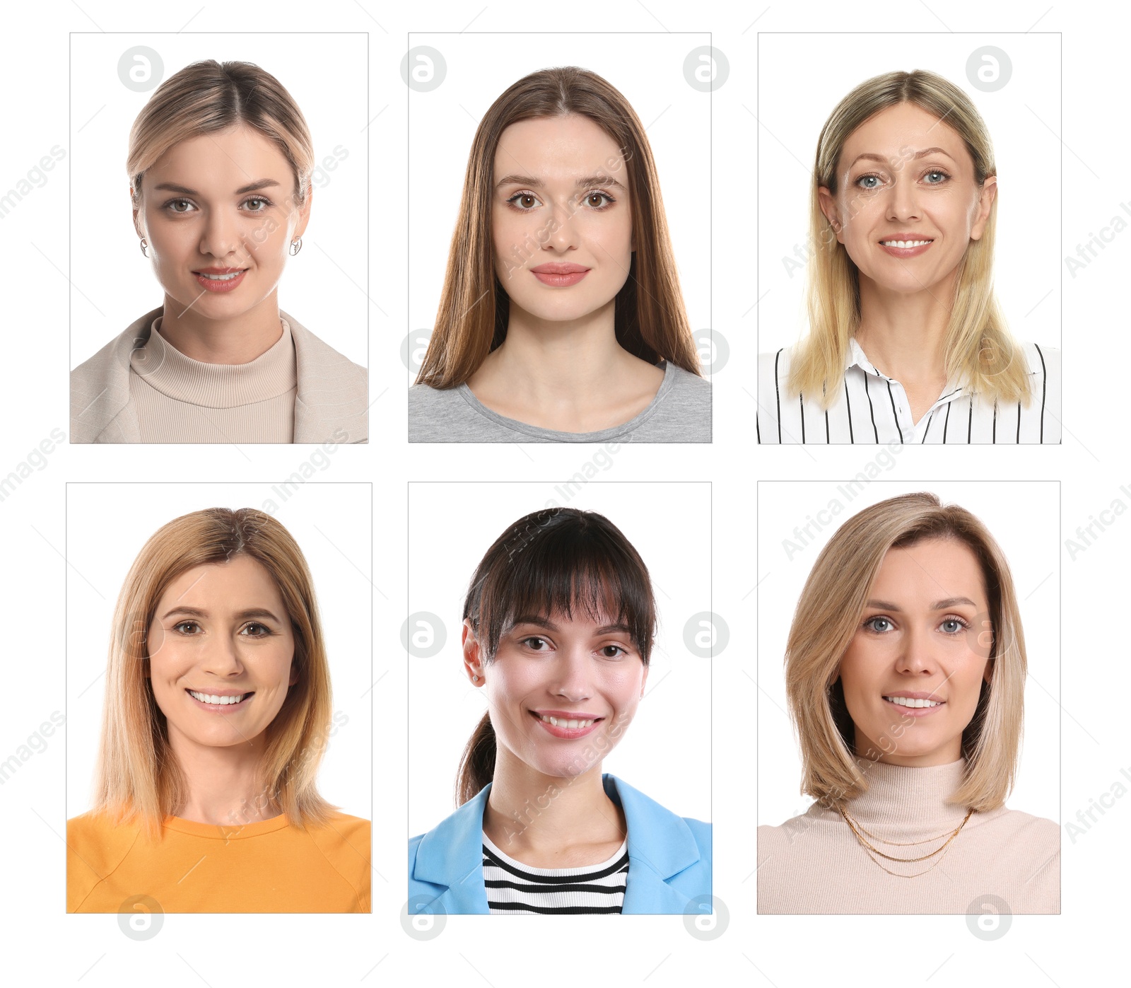 Photos of different women for passport or other identification document on white background, set Image of Photos of different women for passport or other identification document on white background, set
