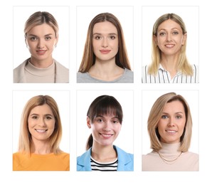 Image of Photos of different women for passport or other identification document on white background, set