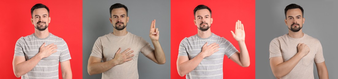 Image of Man showing oath gestures on different backgrounds, collection of photos