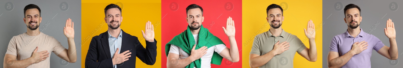 Image of Man making promise with raised hand on different color backgrounds, collage. Oath gesture
