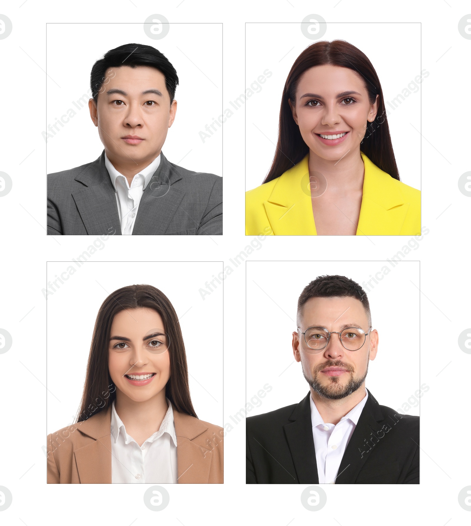 Photos of different people for passport or other identification document on white background, set Image of Photos of different people for passport or other identification document on white background, set