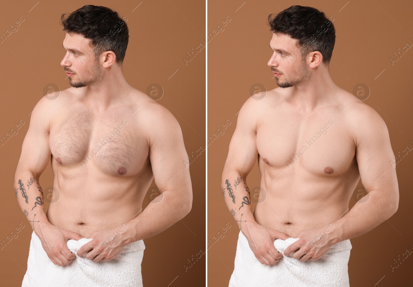Before and after epilation. Man showing chest on brown background, collage Image of Before and after epilation. Man showing chest on brown background, collage