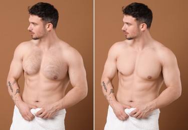 Image of Before and after epilation. Man showing chest on brown background, collage
