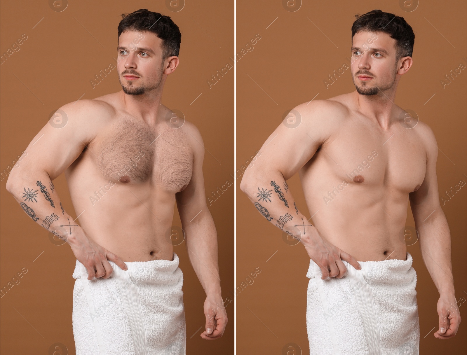 Before and after epilation. Man showing chest on brown background, collage Image of Before and after epilation. Man showing chest on brown background, collage