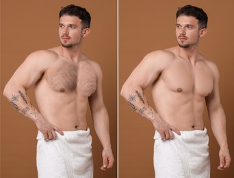 Image of Before and after epilation. Man showing chest on brown background, collage