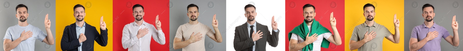 Man showing oath gesture on different color backgrounds, collection of photos Image of Man showing oath gesture on different color backgrounds, collection of photos
