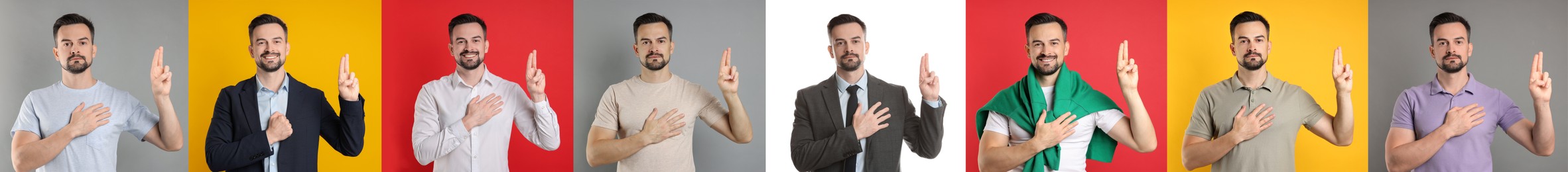 Image of Man showing oath gesture on different color backgrounds, collection of photos
