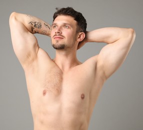 Image of Man showing chest and armpit before and after epilation procedure on grey background