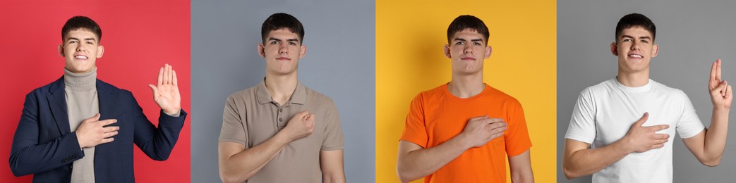 Image of Young man showing oath gestures on different color backgrounds, collection of photos