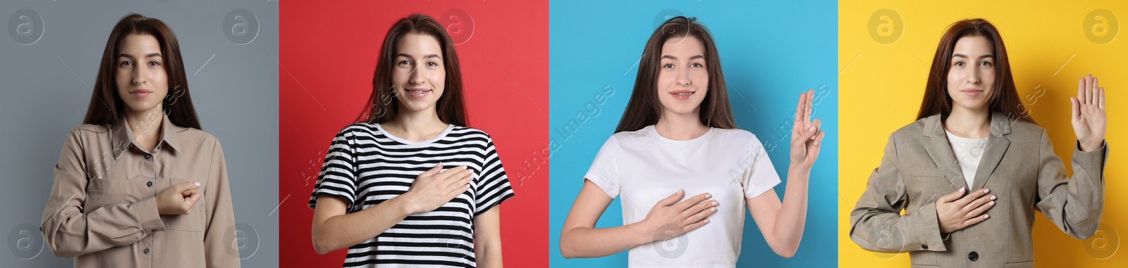 Woman showing oath gestures on different color backgrounds, collection of photos Image of Woman showing oath gestures on different color backgrounds, collection of photos