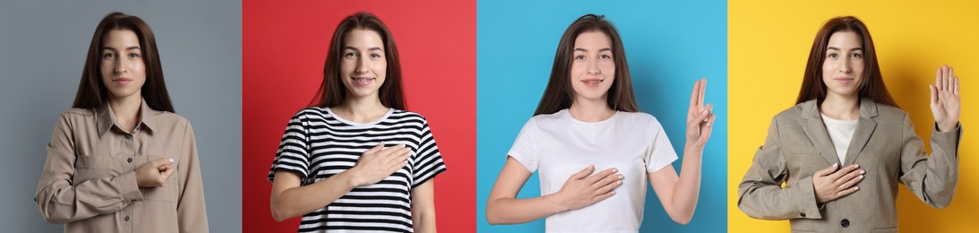 Image of Woman showing oath gestures on different color backgrounds, collection of photos