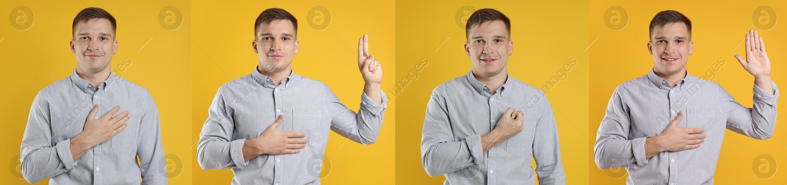 Man showing different oath gestures on orange background, collection of photos Image of Man showing different oath gestures on orange background, collection of photos