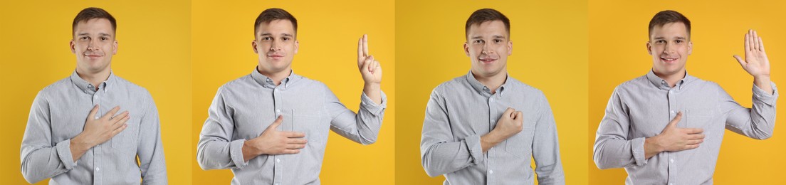 Image of Man showing different oath gestures on orange background, collection of photos