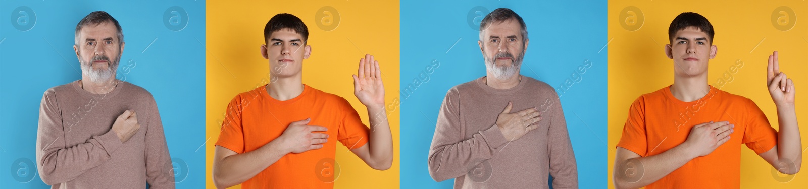 Men showing oath gestures on different color backgrounds, collection of photos Image of Men showing oath gestures on different color backgrounds, collection of photos