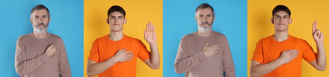 Image of Men showing oath gestures on different color backgrounds, collection of photos