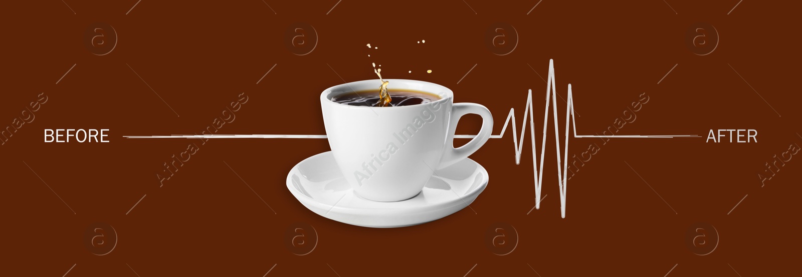 Cup of coffee and heartbeat line on brown background. Calm pulse becoming active. Invigorating properties of caffeine, healthcare Image of Cup of coffee and heartbeat line on brown background. Calm pulse becoming active. Invigorating properties of caffeine, healthcare