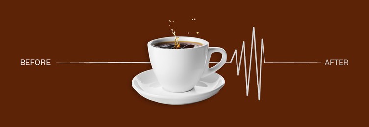 Image of Cup of coffee and heartbeat line on brown background. Calm pulse becoming active. Invigorating properties of caffeine, healthcare