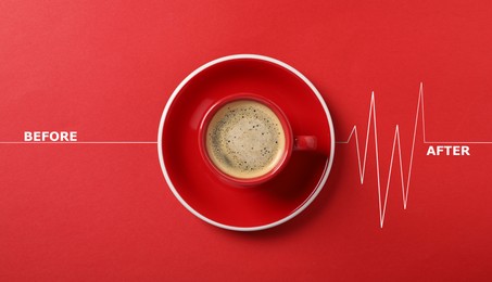 Image of Cup of coffee and heartbeat line on red background, top view. Calm pulse becoming active. Invigorating properties of caffeine, healthcare