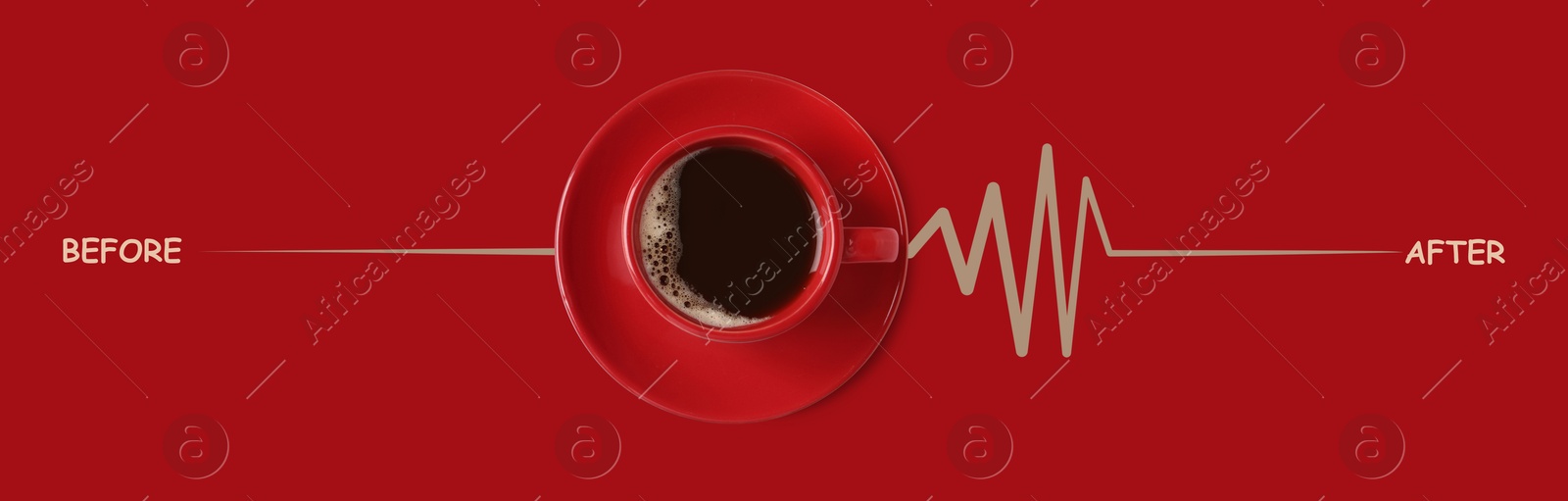 Cup of coffee and heartbeat line on red background, top view. Calm pulse becoming active. Invigorating properties of caffeine, healthcare Image of Cup of coffee and heartbeat line on red background, top view. Calm pulse becoming active. Invigorating properties of caffeine, healthcare