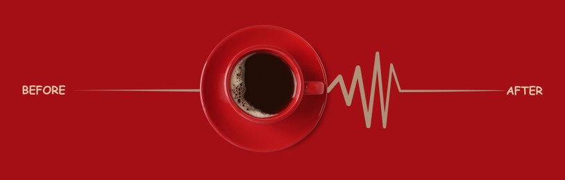 Image of Cup of coffee and heartbeat line on red background, top view. Calm pulse becoming active. Invigorating properties of caffeine, healthcare