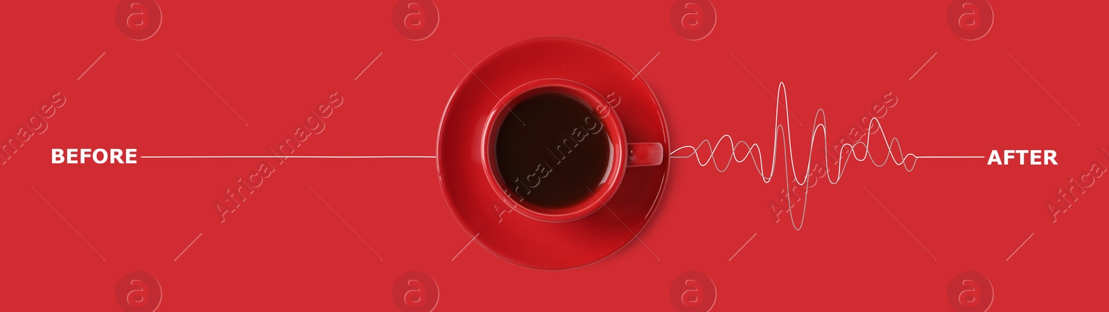 Cup of coffee and heartbeat line on red background, top view. Calm pulse becoming active. Invigorating properties of caffeine, healthcare Image of Cup of coffee and heartbeat line on red background, top view. Calm pulse becoming active. Invigorating properties of caffeine, healthcare