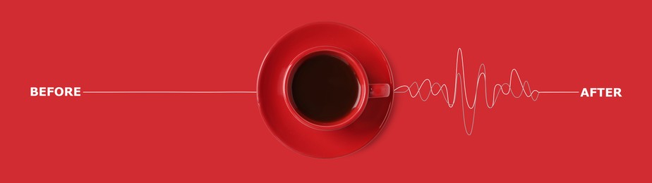 Image of Cup of coffee and heartbeat line on red background, top view. Calm pulse becoming active. Invigorating properties of caffeine, healthcare