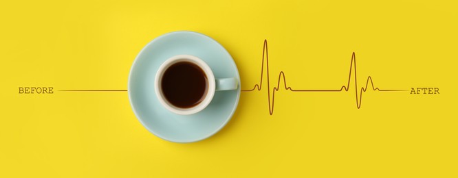 Image of Cup of coffee and heartbeat line on yellow background, top view. Calm pulse becoming active. Invigorating properties of caffeine, healthcare