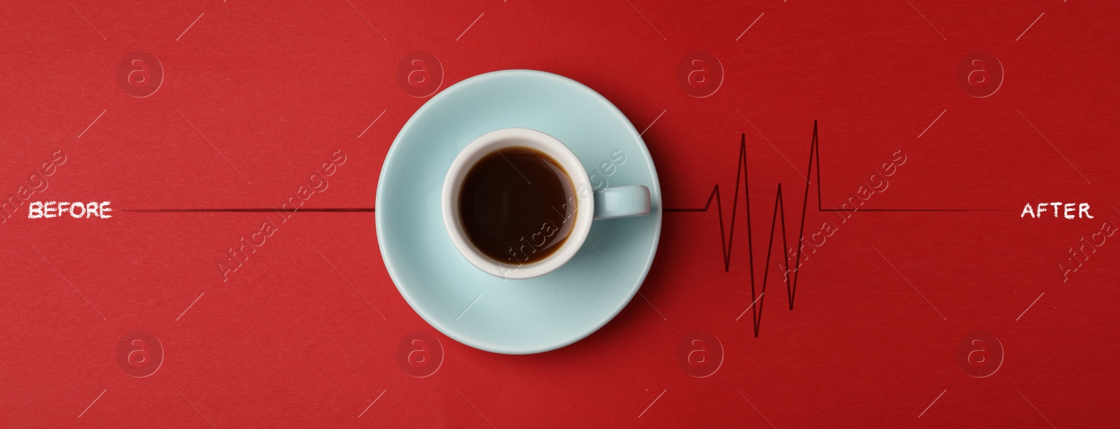 Cup of coffee and heartbeat line on red background, top view. Calm pulse becoming active. Invigorating properties of caffeine, healthcare Image of Cup of coffee and heartbeat line on red background, top view. Calm pulse becoming active. Invigorating properties of caffeine, healthcare