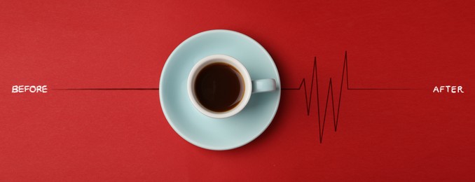 Image of Cup of coffee and heartbeat line on red background, top view. Calm pulse becoming active. Invigorating properties of caffeine, healthcare