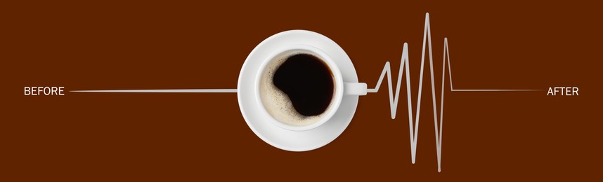Image of Cup of coffee and heartbeat line on brown background, top view. Calm pulse becoming active. Invigorating properties of caffeine, healthcare