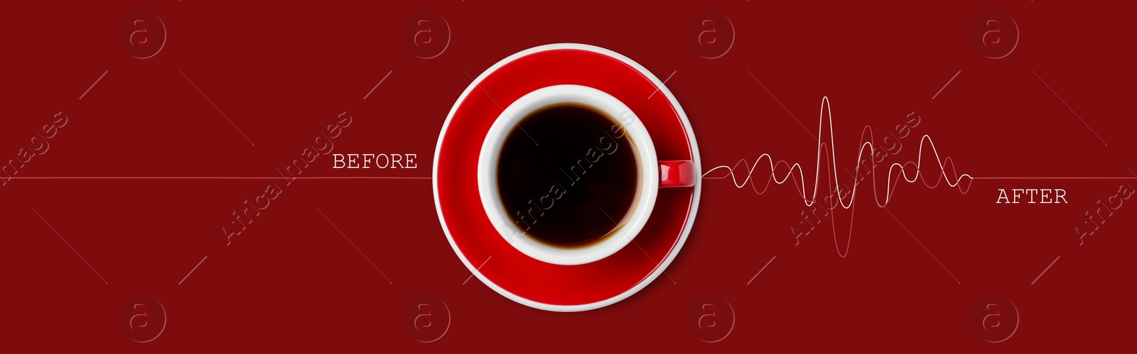 Image of Cup of coffee and heartbeat line on red background, top view. Calm pulse becoming active. Invigorating properties of caffeine, healthcare