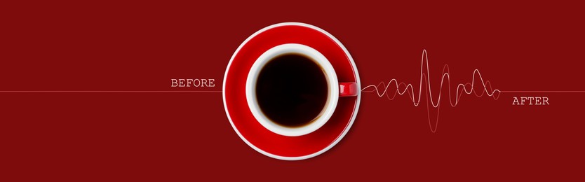 Image of Cup of coffee and heartbeat line on red background, top view. Calm pulse becoming active. Invigorating properties of caffeine, healthcare