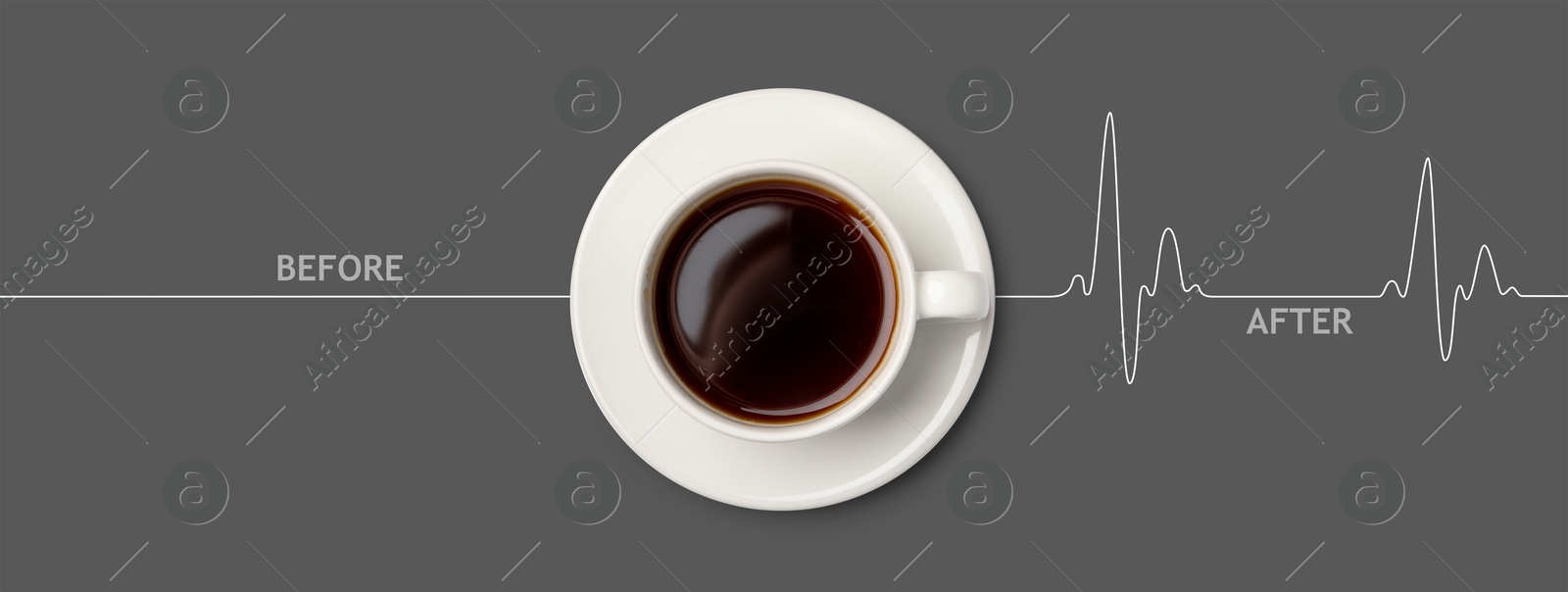 Cup of coffee and heartbeat line on grey background, top view. Calm pulse becoming active. Invigorating properties of caffeine, healthcare Image of Cup of coffee and heartbeat line on grey background, top view. Calm pulse becoming active. Invigorating properties of caffeine, healthcare