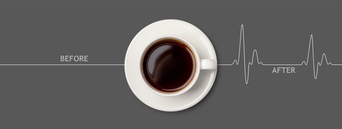 Image of Cup of coffee and heartbeat line on grey background, top view. Calm pulse becoming active. Invigorating properties of caffeine, healthcare