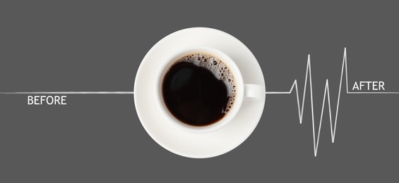 Image of Cup of coffee and heartbeat line on grey background, top view. Calm pulse becoming active. Invigorating properties of caffeine, healthcare