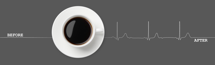 Image of Cup of coffee and heartbeat line on grey background, top view. Calm pulse becoming active. Invigorating properties of caffeine, healthcare