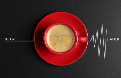 Image of Cup of coffee and heartbeat line on black background, top view. Calm pulse becoming active. Invigorating properties of caffeine, healthcare