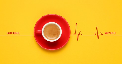 Image of Cup of coffee and heartbeat line on yellow background, top view. Calm pulse becoming active. Invigorating properties of caffeine, healthcare