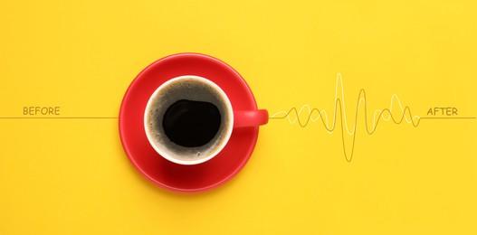 Image of Cup of coffee and heartbeat line on yellow background, top view. Calm pulse becoming active. Invigorating properties of caffeine, healthcare