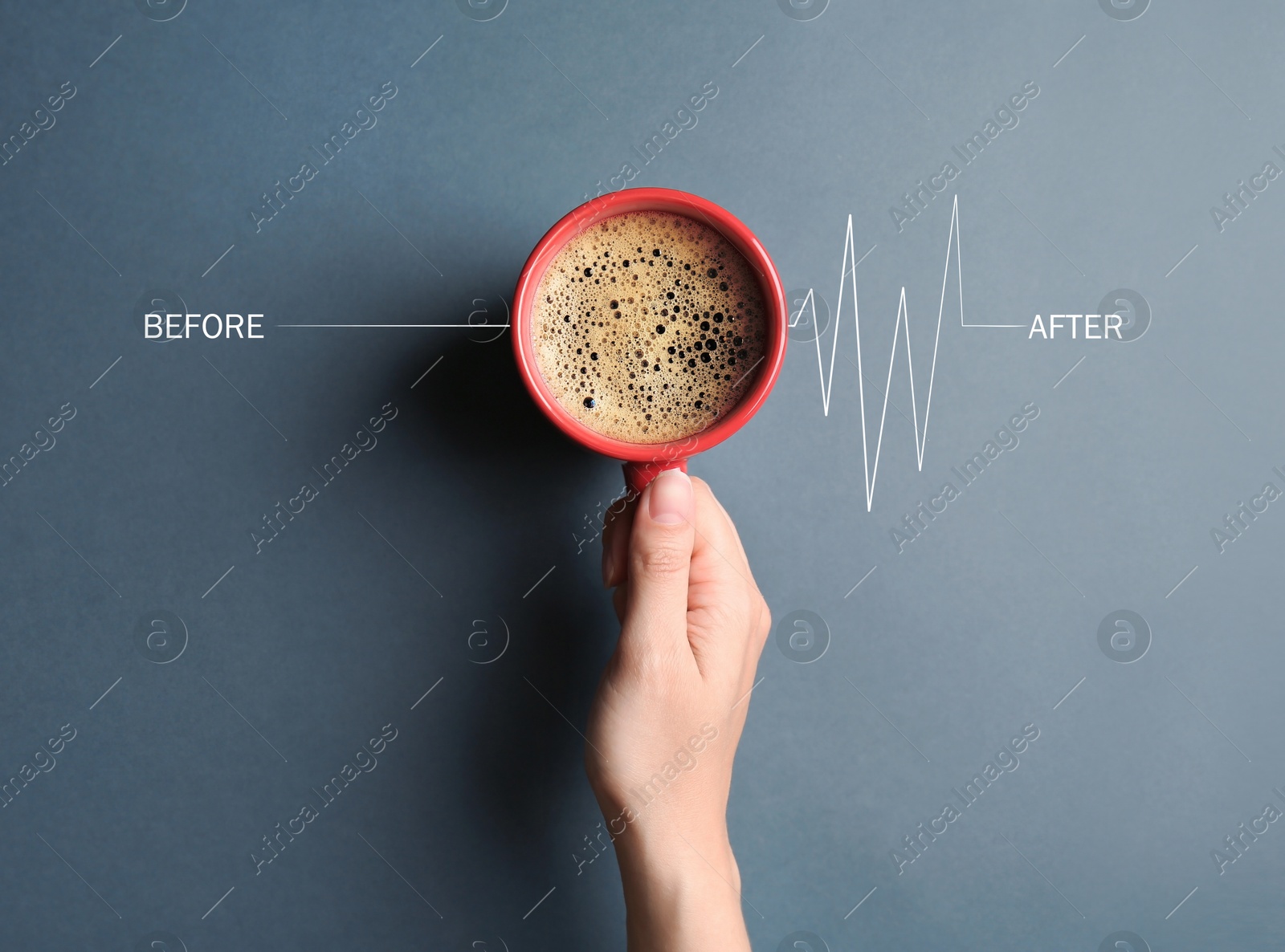 Woman holding cup of coffee on grey background, top view. Calm heartbeat line becoming active. Invigorating properties of caffeine, healthcare Image of Woman holding cup of coffee on grey background, top view. Calm heartbeat line becoming active. Invigorating properties of caffeine, healthcare
