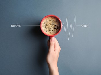 Image of Woman holding cup of coffee on grey background, top view. Calm heartbeat line becoming active. Invigorating properties of caffeine, healthcare