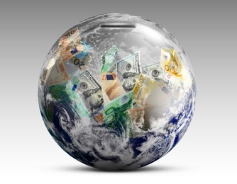 Image of Money exchange concept. Earth planet as piggy bank with banknotes on grey gradient background