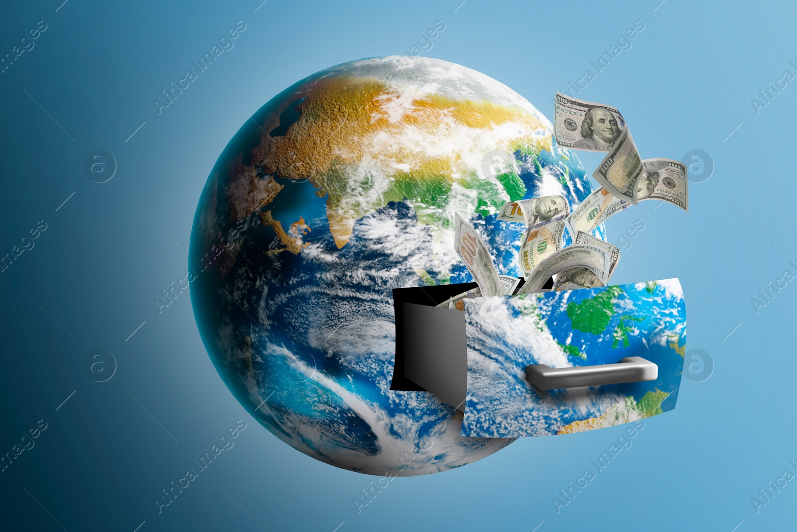 Money exchange concept. Dollar bills flying out drawer in planet on light blue background Image of Money exchange concept. Dollar bills flying out drawer in planet on light blue background
