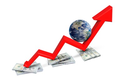 Image of Money exchange concept. Earth planet on upward red arrow supported by stacks of dollar bills against white background