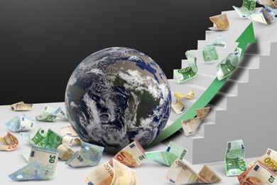 Image of Money exchange concept. Earth planet, green upward arrow rising over stairs and banknotes on color background