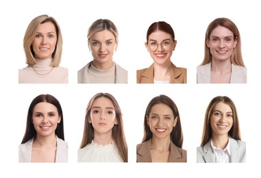 Image of Photos of different women for passport or other identification document on white background, set